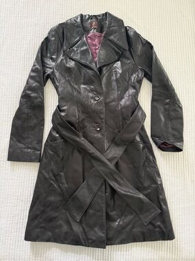 Women's Black Leather Trench Coat with Belted Waist